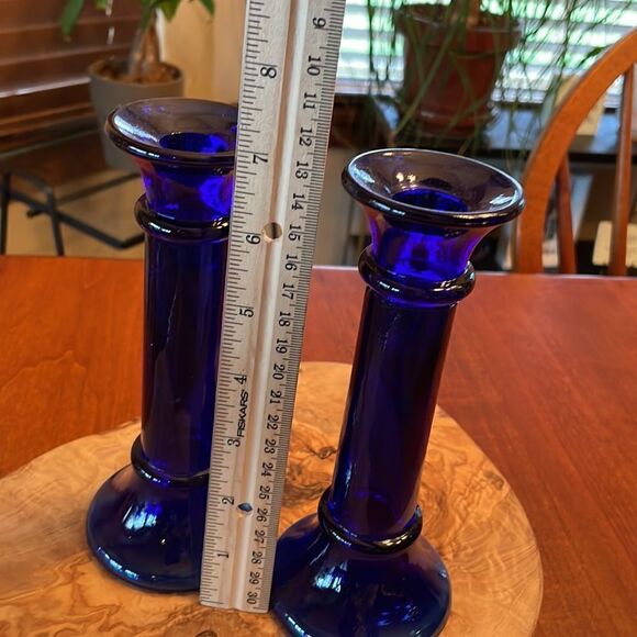 Pair of Cobalt Blue Glass Candlestick Holders - Picture 4 of 5